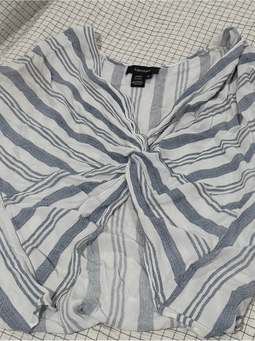 Karen Kane White and Blue Striped Twist-Front Top